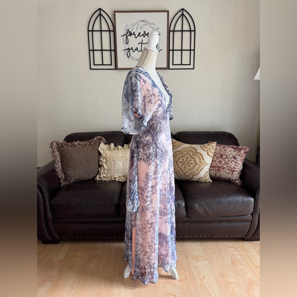 FOXIEDOX Purple Tie Dye Maxi Asymmetrical Dress Flowing Cap Sleeves Size S Boho - Picture 7 of 12